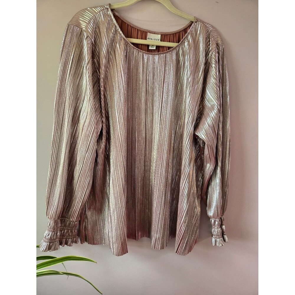 Ava & Viv Metallic Rose Gold Pleated Long Sleeve Top - 3X
